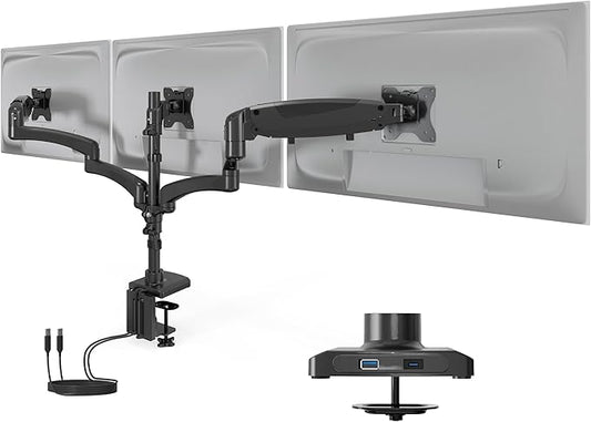 Mount-It! Triple Monitor Mount, 3 Monitor Desk Mount with Gas Spring Arms, Fits 13–32 Inch Screens up to 17.6 lbs per Arm, VESA 75 & 100, Clamp or Grommet Base, USB-A & C Ports, Black