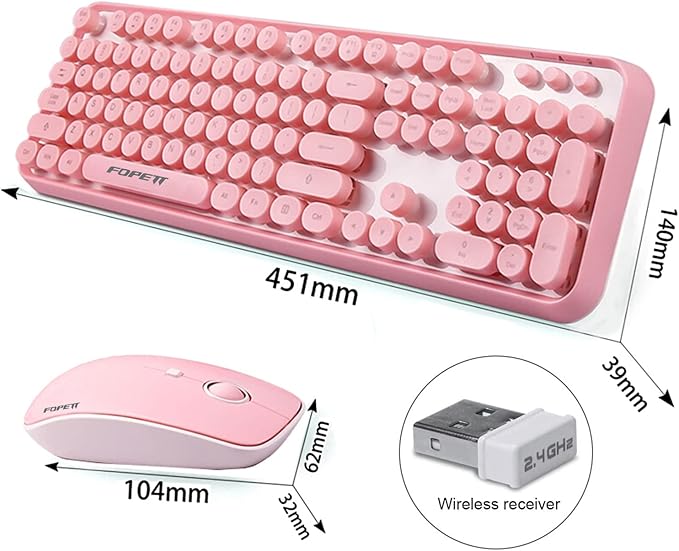 Wireless Keyboard and Mouse Combo - Cute Colorful Keyboard and Mouse, Retro Typewriter Keyboard with 2.4GHz Plug & Play, for Windows 11/10/7, Laptop, PC (Pink)