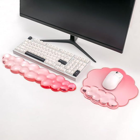 Keyboard Wrist Rest with Gel Cloud Mouse Pad - Ergonomic Pink Mouse Pad with Non-Slip Base, Cute Desk Accessories for Office/Home/Desktop/Latop