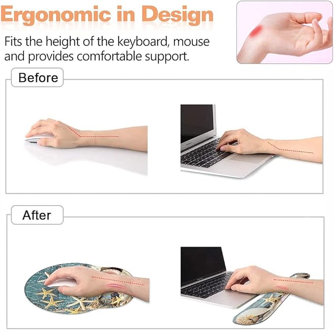 Keyboard Wrist Rest and Mouse Pad Wrist Support Set with Coasters, Non-Slip PU Base, Easy Typing and Relieve Wrist Pain, Perfect for Home Office Working Studying, Seashell Conch Starfish