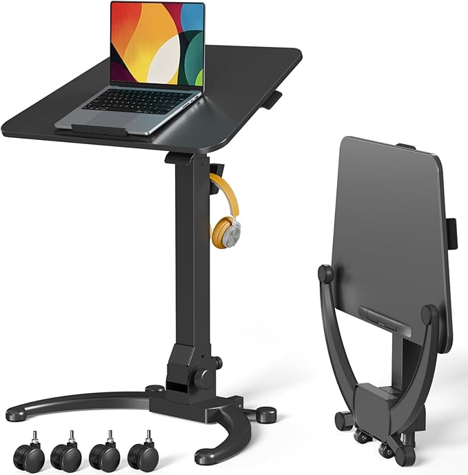 JOY worker Foldable Mobile Standing Desk, Upgraded Height Adjustable Rolling Desk, Max Height 47.6", 90° Tiltable Board & Base, Portable Workstation with Moveable Wheels, Holds Up to 22lbs, Black