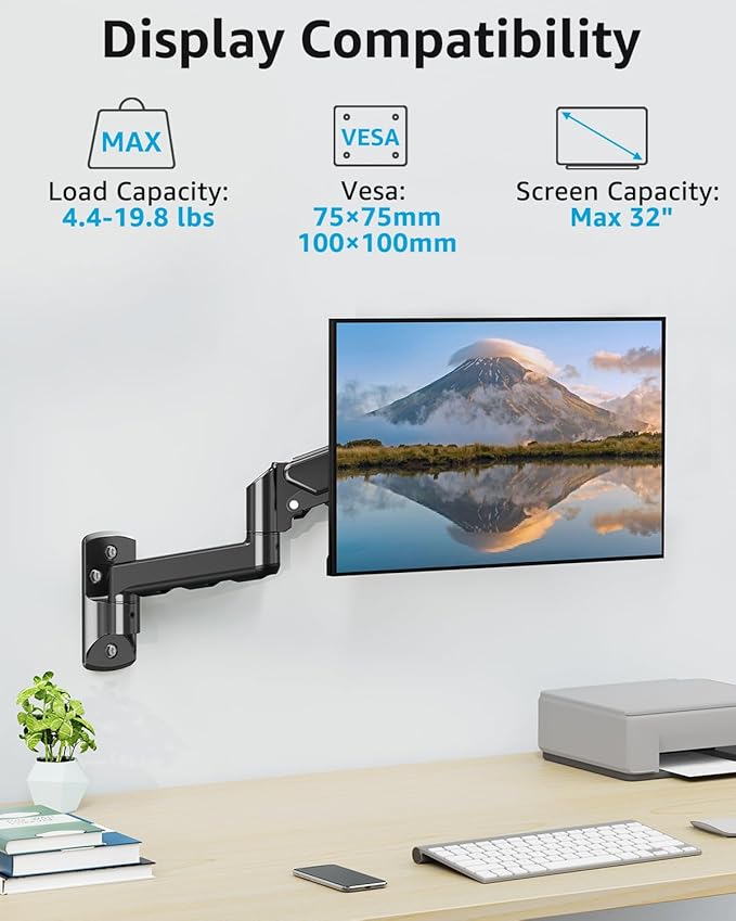 MOUNTUP Single Monitor Wall Mount for Max 32 Inch Computer Screen, Fully Adjustable Monitor Arm, Wall Mount Monitors Holder Support 4.4-19.8lbs Display, VESA Bracket Fit 75x75mm, 100x100mm