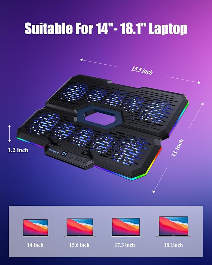 Laptop Cooling Pad, Gaming Laptop Cooler with 10 Quiet Fans, Height Adjustable Laptop Cooling Stand for 12"-18.1" Laptops, RGB Lights with Laptop Fan with 2 USB Port and Phone Stand