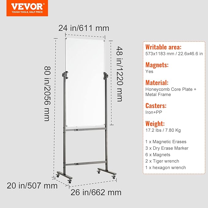 VEVOR Rolling Magnetic Whiteboard, Double-Sided Mobile Whiteboard 24x48 Inches, 360° Reversible Adjustable Height Dry Erase Board with Wheels & Movable Tray for Office School