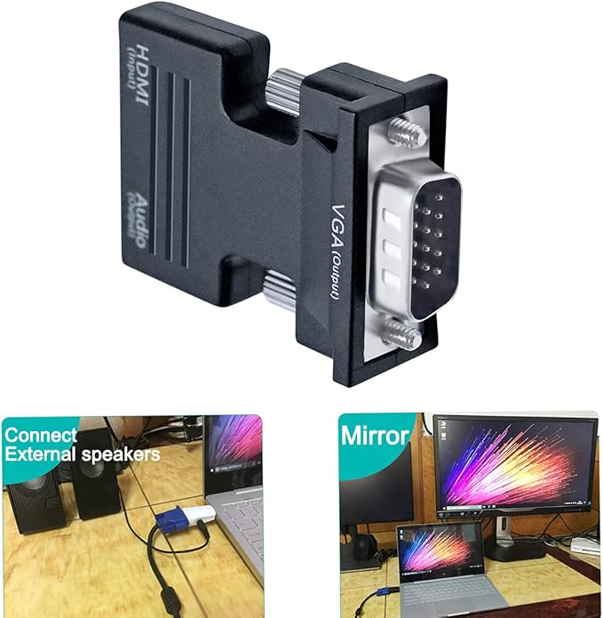 DTECH Directional HDMI to VGA Adapter with 3.5mm Audio Port (Laptop HDMI Source Output to VGA TV) for Old Computer Monitor PC Projector 1080P Video (Female HDMI in, Male VGA Out)