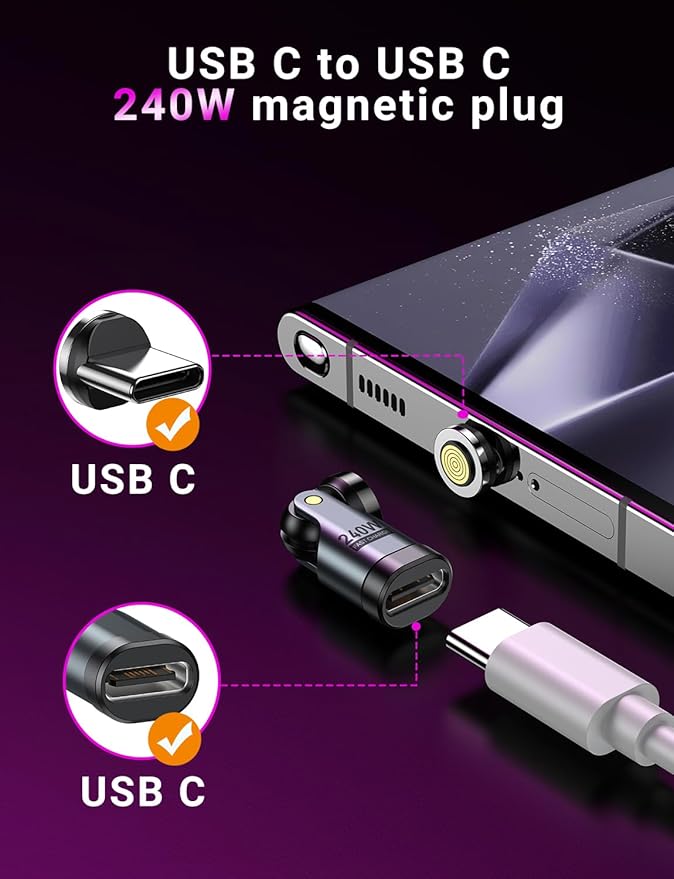 USB C Magnetic Adapter PD 240W(3Pack), 9PIN USB C 90 Degree Adapter/C Right Angle Adapter/180 Degree C Connector/C to C Adapters for 1Phone 17/16/15, Ma-Book Pro/1Pad Series, Samsung Galaxy Series
