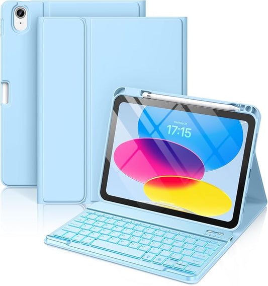 Hamile for iPad 11th 10th Generation Case with Keyboard - 7 Colors Backlit Wireless Detachable Folio Keyboard Cover with Pencil Holder for iPad 11-inch A16 2025 10th Gen 10.9 Inch 2022 (Sky Blue)