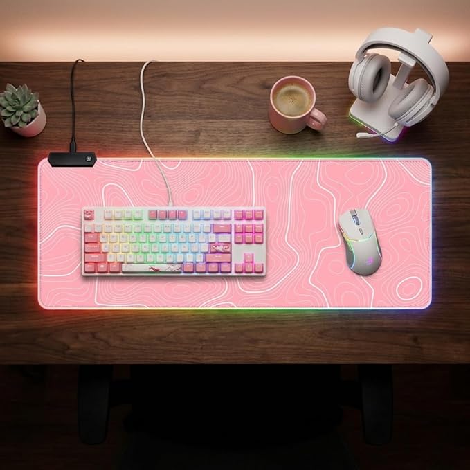 Pink RGB Mouse Pad LED Desk Mat Large Gaming Mousepad Pink and White Line Design, Keyboard Pad XL Mouse Mat for Home and Office