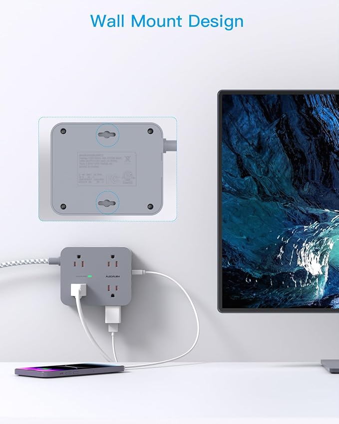 Extension Cord 6 Feet, HANYCONY Surge Protector Power Strip with 2 USB C Ports, 8 Outlets Extender with Flat Plug, Multi Plug Oulet for College Dorm Room Essentials