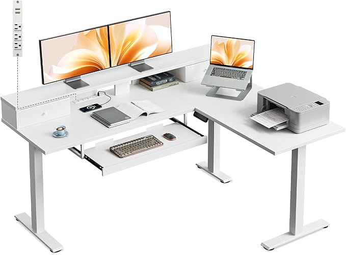 Casaottima 59 Inch Electric L-Shaped Standing Desk with Drawers, Height Adjustable Stand Up Corner Desk with Monitor Stand & Keyboard Tray, Lift Table for Home Office, Workstation, White