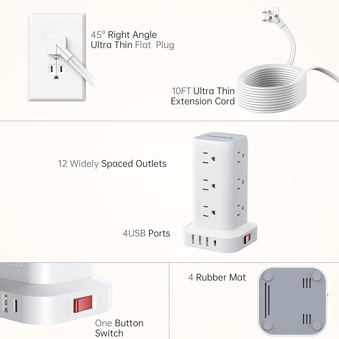 Extension Cord with Multiple Outlets, SMALLRT Flat Plug Surge Protector Power Strip Tower, Outlet Extender with USB 12 AC Outlets, 10FT Ultra Thin Extension Cord for Home Office, Overload Protection