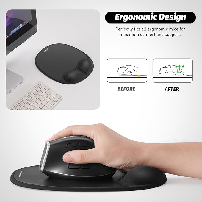 Ergonomic Mouse Pad with Skin-Friendly Lycra Memory Foam Wrist Rest, Easy-to-Clean Smooth PP Surface, and Non-Slip PU Base – Ideal for Vertical, Ergonomic, and Office Mice (Jet Black)