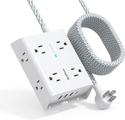 15Ft Long Surge Protector Power Strip, Addtam Extension Cord with 8 AC Outlets and 4 USB Ports(1 USB C), 3-Side Outlet Extender Strip, Flat Plug, Wall Mount, Dorm Home Office Essential, ETL Listed