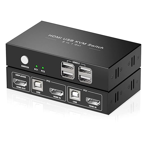 HDMI KVM Switch 1 Monitors 2 Computers, USB KVM Switches Sharing 4 USB, Support Wireless Keyboard and Mouse, Powered by USB, with 2 HDMI and 2 USB Cables…