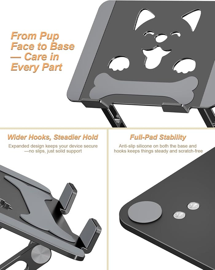 Laptop Stand for Desk-Adjustable, Foldable, Portable, Ergonomic Aluminum Notebook Riser with Unique Puppy Cooling Vent, Desk Gift for 10"-17.3" Devices Mac, Dell, HP, Lenovo, Samsung, Black
