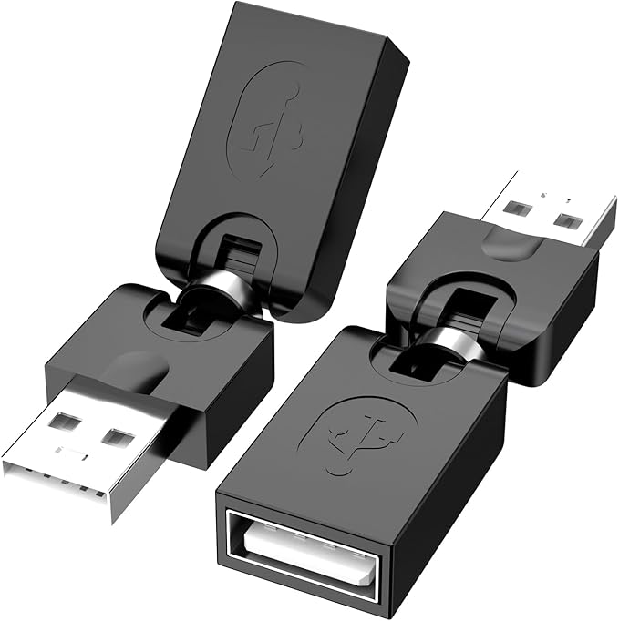 BERLAT Swivel USB 2.0 Adapter, 2 Pack Rotatable USB 2.0 Type A Male to Type A Female 360 Degree Rotation Adjustable Right Angle Extension Adapter Convertor (Black, AM-FM)