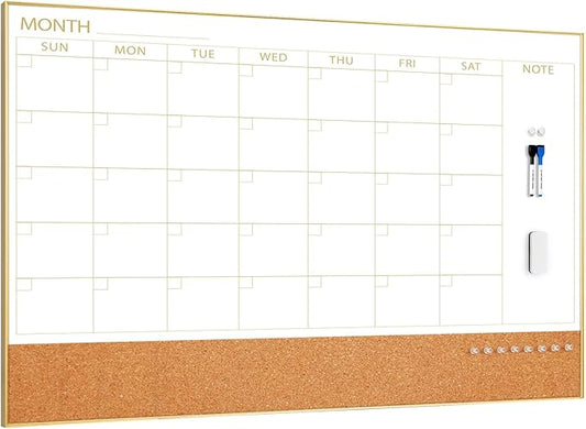 ARCOBIS Large Dry Erase Calendar with Cork for Wall, 48"x 30" Magnetic Calendar Whiteboard with Gold Frame, Monthly Combination Board for School, Home, Office