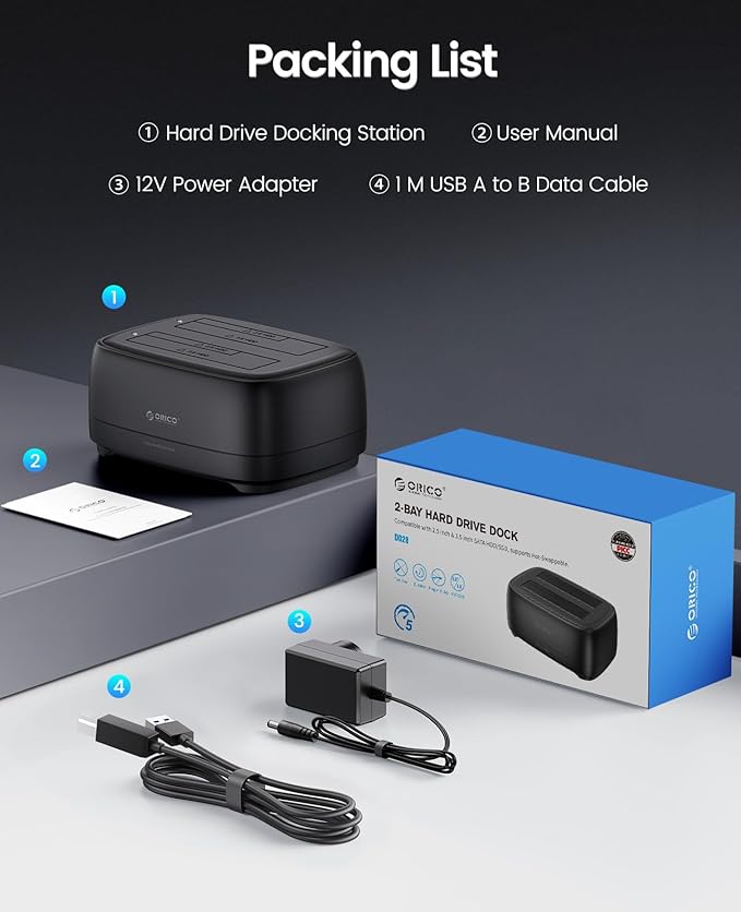 ORICO Dual Bay Hard Drive Docking Station USB 3.0 to SATA III for 3.5inch HDD Max Up to 40TB Support UASP Tool-Free for Files Backup/Game Load (Without Cloner Function)-DD28