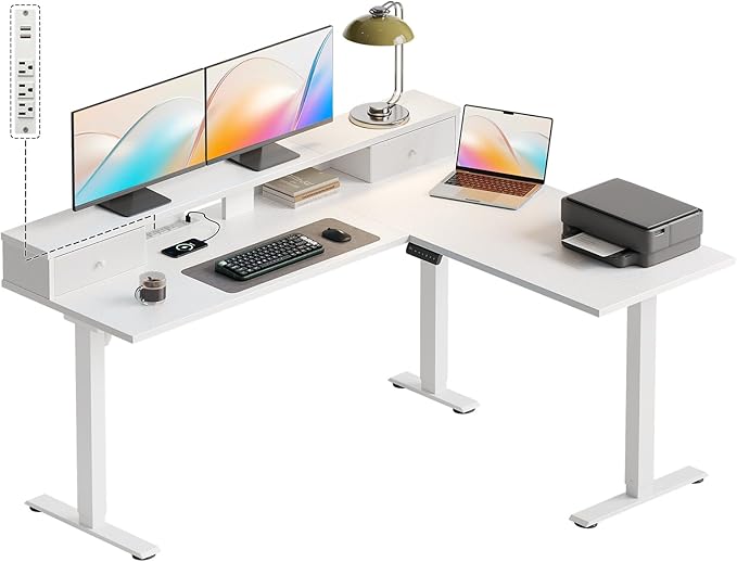 Casaottima 59 Inch Electric L-Shaped Standing Desk with Drawers, Height Adjustable Stand Up Corner Desk with Monitor Stand, Lift Table for Home, Office, Workstation, White