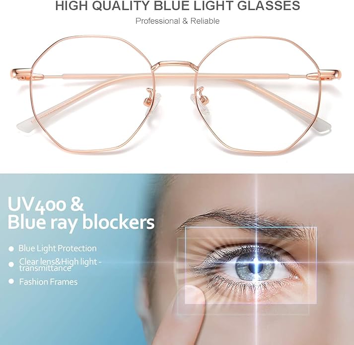 Gleyemor Blue Light Glasses for Women Men Vintage Octagonal Metal Gold Frame Computer Glasses