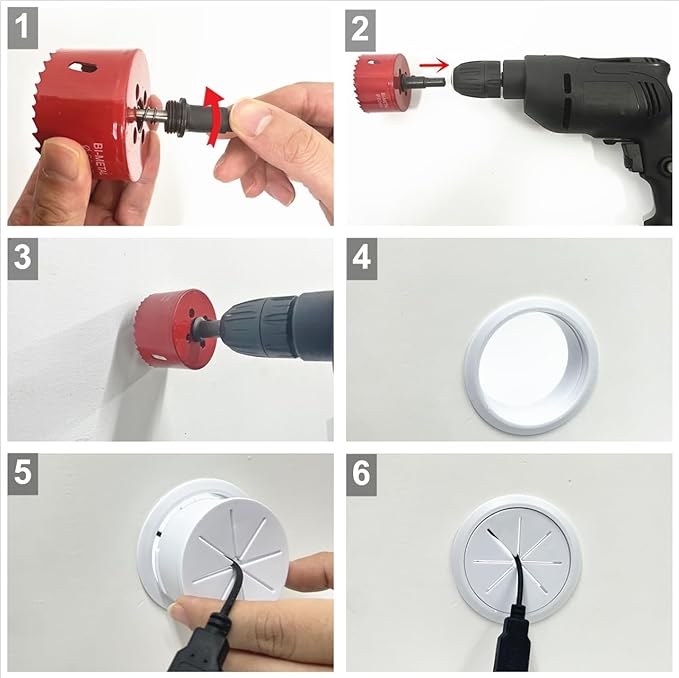 4 Pack TV Wire Hider for Wall, 1.97 Inch (50mm Hole) Cord Hider in Wall Cable Management Kit, Includes 4 Pass Throughs and 1 Hole Saw Drill Attachment Easy to Install