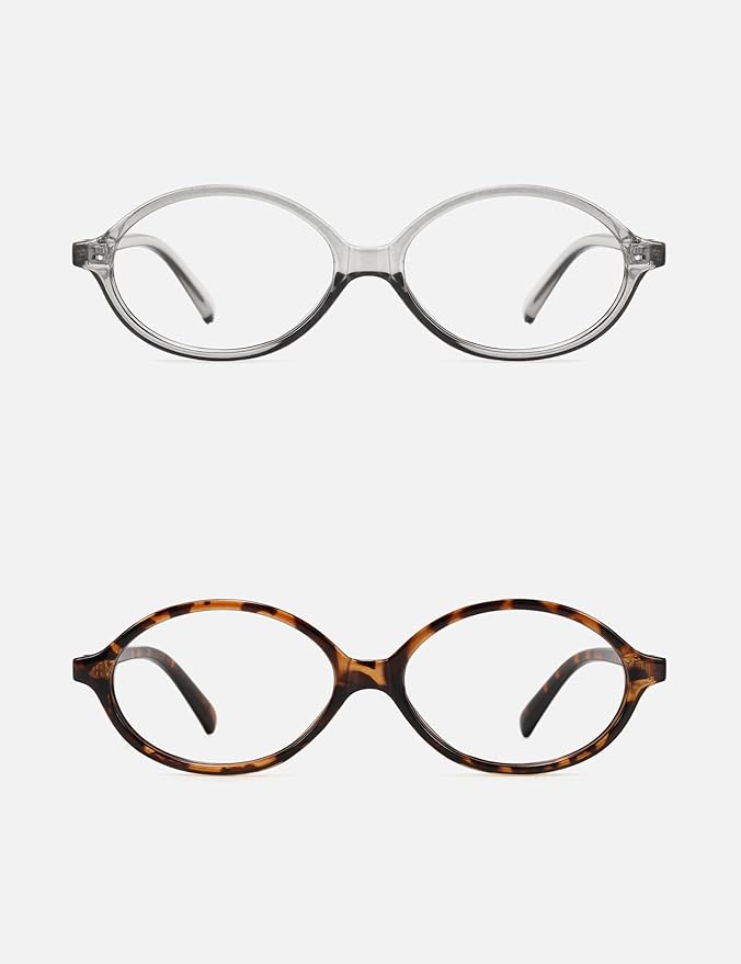 Slocyclub 2 pack Fashion Oval Glasses for Women Men Vintage Oval Small Frame Eyeglasses Retro Blue Light Blocking Glasses, Grey and Whiskey Tortoise