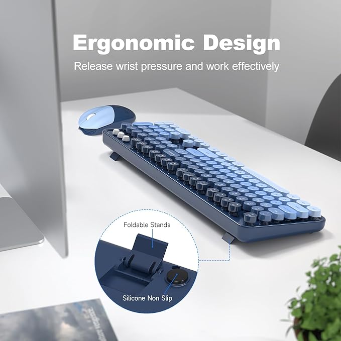 Wireless Keyboard and Mouse Combo, MOWUX Full Size Typewriter Retro Round Computer Keyboard, Cute Optical Mouse Wireless, Plug and Play, for Laptop, PC, Computer- Sea Blue Gradient