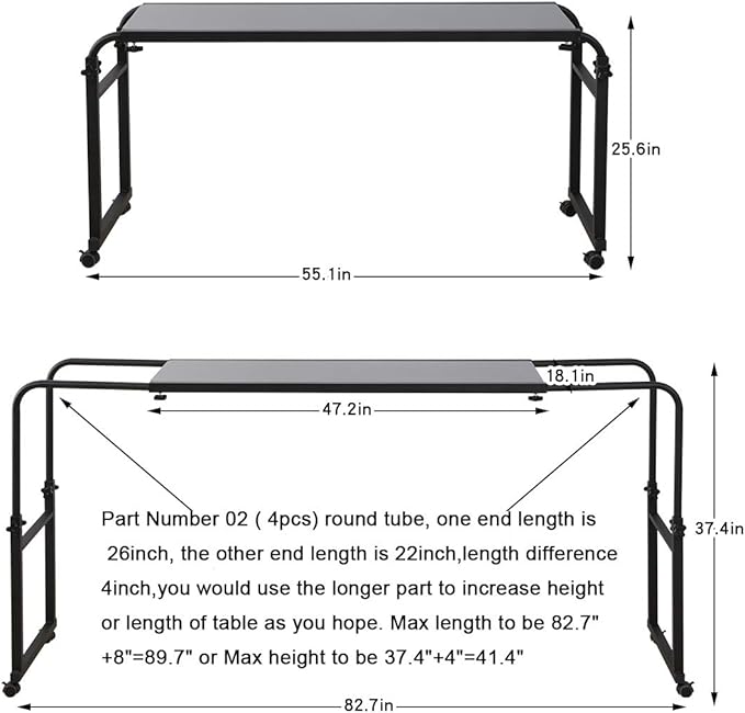 TigerDad Overbed Table with Wheels, 350lbs Capacity Heavy Duty Rolling Bed Desk for King Queen Bed, 55"-83" Adjustable Length & Height, Mobile Cross Bed Laptop Stand for 17 inch Computer, Black