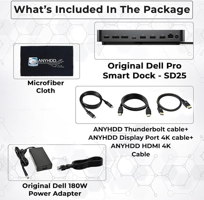 Dell Pro Smart Dock SD25 Bundle - 10Gbps, 3 Year Warranty, Supports Dual/Triple Monitors & 4K Displays with 180W Power Supply, Anyhdd HDMI, DisplayPort, USB C Cable, Cloth - Docking Station