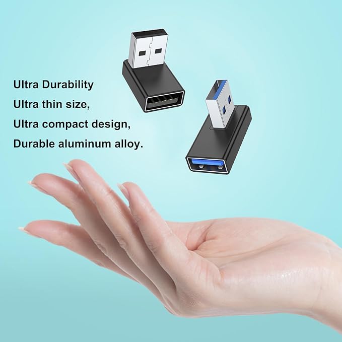 AreMe 90 Degree USB 3.0 Adapter 4 Pack, Up and Down Angle, Left and Right Angle USB A Male to Female Converter Extender for PC, Laptop, Type A Charger, Power Bank and More (Black)