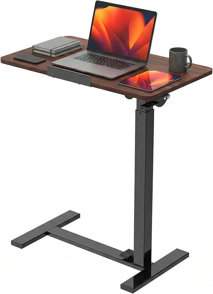 OLIXIS Mobile Standing Desk, Height-Adjustable Computer Cart with Pneumatic Lift, Portable Computer Workstation Cart for Bed, Couch, Office, Sofa, Brown