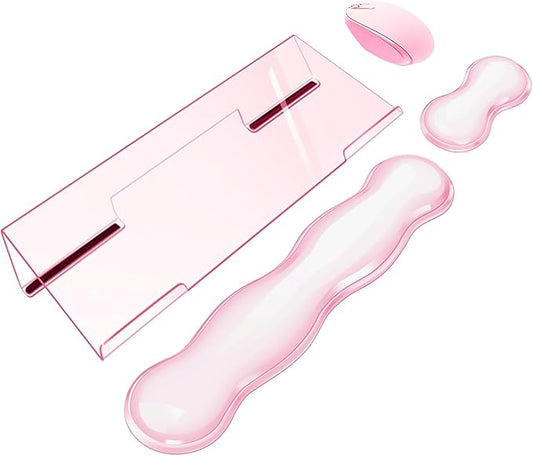 Computer Keyboard Stand Pad with Gel Wrist Rest Keyboard Pad Support with Comfortable Wrist Pad Easy Typing Ergonomic Tilted Acrylic Transparent Keyboard Riser Holder for Desktop Office Home Pink