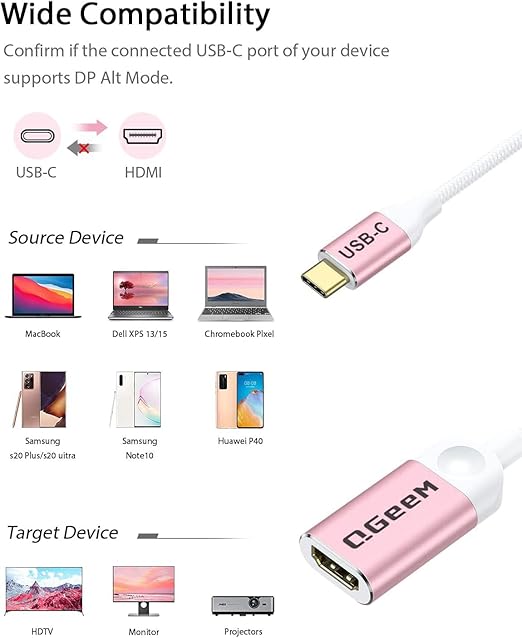 QGeeM USB C to HDMI Adapter 4K Cable, USB Type-C to HDMI Adapter [Thunderbolt 3/4] HDMI for Laptop MacBook Pro/Air, iPhone 15 16 17 Pro max, Dell XPS, Pixelbook, iMac,Thinkpad,Surface,IPad Pro.
