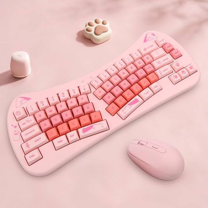 Cute Cat Keyboard and Mouse Wireless, Cat Theme, Silent Keys, Pinkish Colors, Ergnomic Split Keyboard and Optical Mouse with 2.4G USB Receiver, for Windows/Mac/PC/Laptop