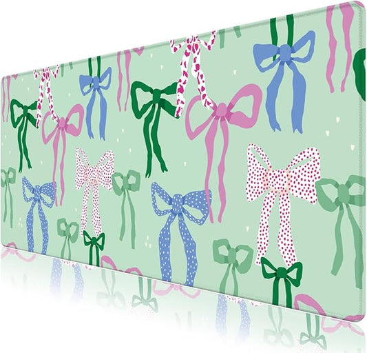 Cute Desk Pad Mouse Pad, Large Gaming Mouse Mat with Stitched Edges, Non-Slip Waterproof Rubber Base Mous Mat for Office Computer Keyboard Laptop Home Decor Women Girl (35.4X17.5 in), Green Pink Bows