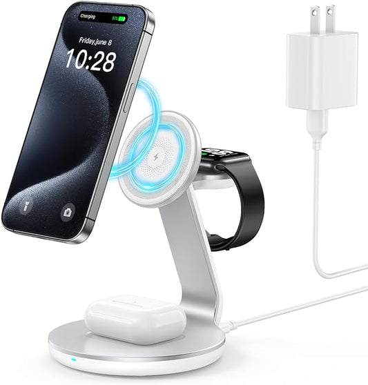 HERRBOL 3 in 1 Charging Station Compatible with Magsafe Charger Wireless Charger Stand for iPhone 17 16e 16 15 14 13 12 Wireless Charging Station for AirPods Wireless Charging Stand for iWatch Series