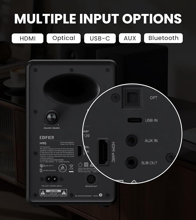 Edifier M90 Computer Speakers, 100W RMS Desktop Speakers, Hi-Res Audio, LDAC,Bluetooth 6.0 Compact Speaker, HDMI eARC/Optical/USB-C/AUX Input, SUB Out Powered Speakers, Remote Control for TV/PC-Black