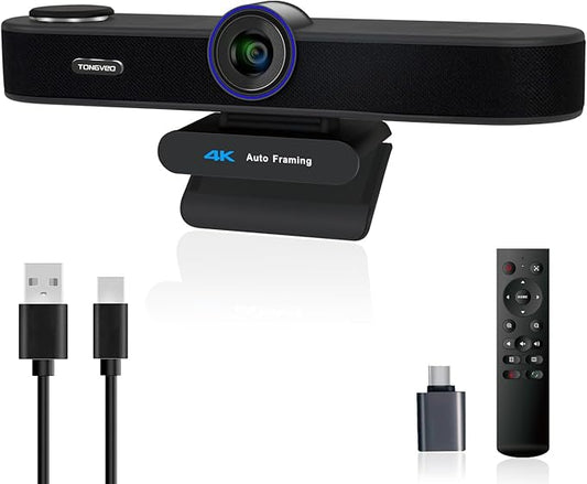 TONGVEO 3-in-1 4K Webcam with Microphones and Speaker, AI Auto-Tracking 5X Digital Zoom Webcam 4K Adjustable Field of View Remote Control Works with Microsoft Teams, Zoom, Google Meet, PC Mac Laptop