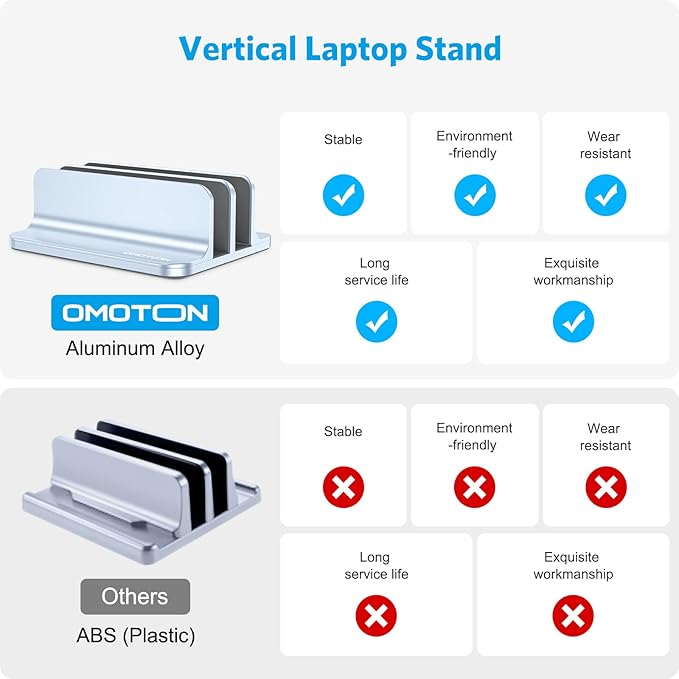 OMOTON Vertical Laptop Stand [Updated Double Version], Desktop Aluminum Mac Book Stand with Adjustable Dock Size, Fits All Mac Book, Surface, Chrome Book and Gaming Laptops (Up to 17.3") (Sky Blue)