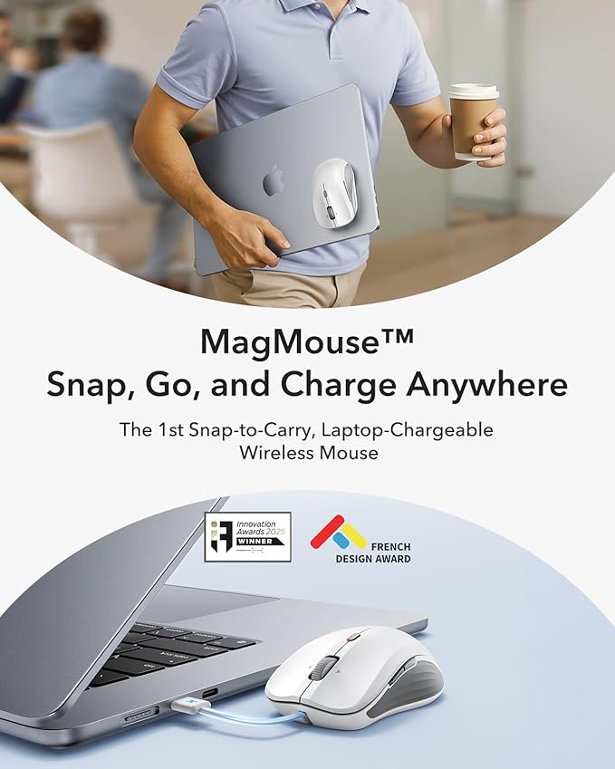ESR MagMouse Snap-to-Carry Bluetooth Mouse, Rechargeable Wireless Mouse for Laptop with Built-in Charging Cable, Reusable Adhesive Holder, BT 5.0 + 2.4 GHz Connectivity, Silent, Ergonomic, White