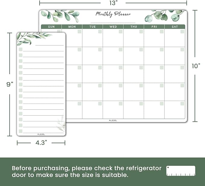 Magnetic Calendar Whiteboard for Refrigerator, Dry Erase Fridge Calendar Set - Greenery Magnetic Monthly & Weekly Calendar with List White Board, 4 Markers + Eraser
