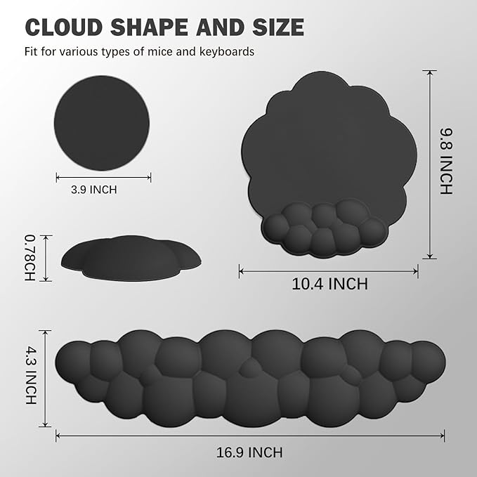 Cloud Keyboard Wrist Rest and Mouse Pad with Wrist Support Set, Ergonomic PU Leather Mouse Pads, Pain Relief Memory Foam Non-Slip Mousepad for Computer,Laptop, Black
