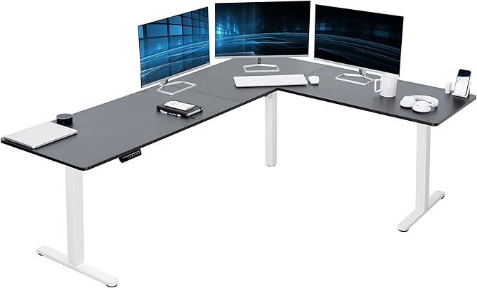 VIVO Corner Standing Desk, 84 x 63 inch Reversible L-Shaped Workstation, Electric Height Adjustment, Home, Office, and Reception Rooms, Black Table Top White Frame, DESK-E3CTWB-84