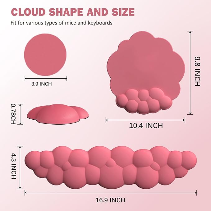 Cloud Keyboard Wrist Rest and Mouse Pad with Wrist Support Set, Ergonomic PU Leather Mouse Pads, Pain Relief Memory Foam Non-Slip for Computer,Laptop, Morandi Red