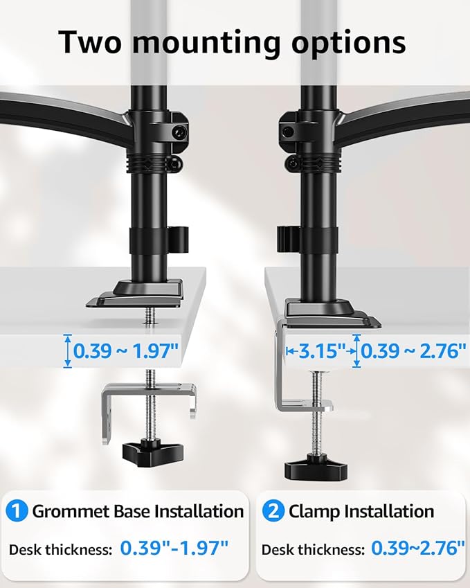 Dual Monitor Stand Holds 4.4-22 lbs Each, Dual Monitor Arm for 2 Monitors, Height Adjustable Computer Desk Mount for Max 32 inch Screens, VESA Mount with C-clamp & Grommet Base, Freelift Black