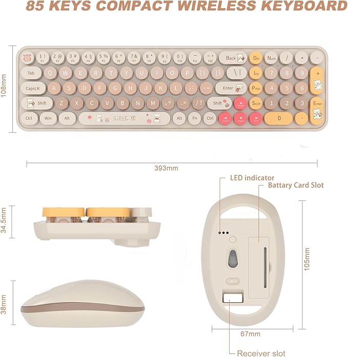 Keyboard Mouse Wireless, Slim Compact Silent 2.4G Cute 84 Keys Keyboard for PC, Notebook, MacBook, Tablet, Laptop, Windows System Coffee