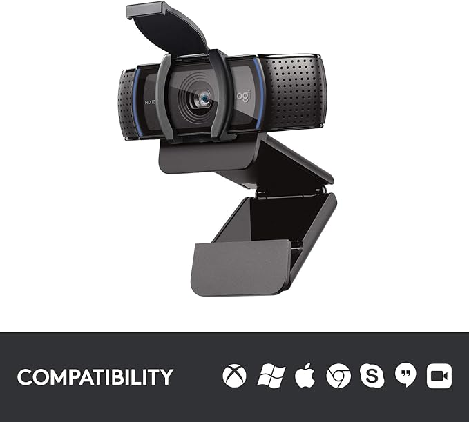 Logitech C920S HD Pro Webcam, Full HD 1080p/30fps Video Calling, Clear Stereo Audio, Light Correction, Privacy Shutter, Works with Skype, Zoom, FaceTime, Hangouts, PC/Mac/Laptop/Tablet/Xbox