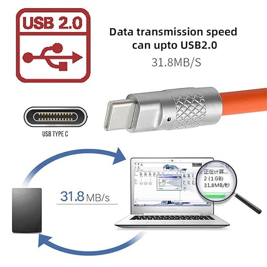 NFHK USB-A Type A to USB-C Liquid Silicone Ultra Soft 120W Power USB2.0 Data Orange Cable Fast Charge for Laptop Tablet Phone 200CM