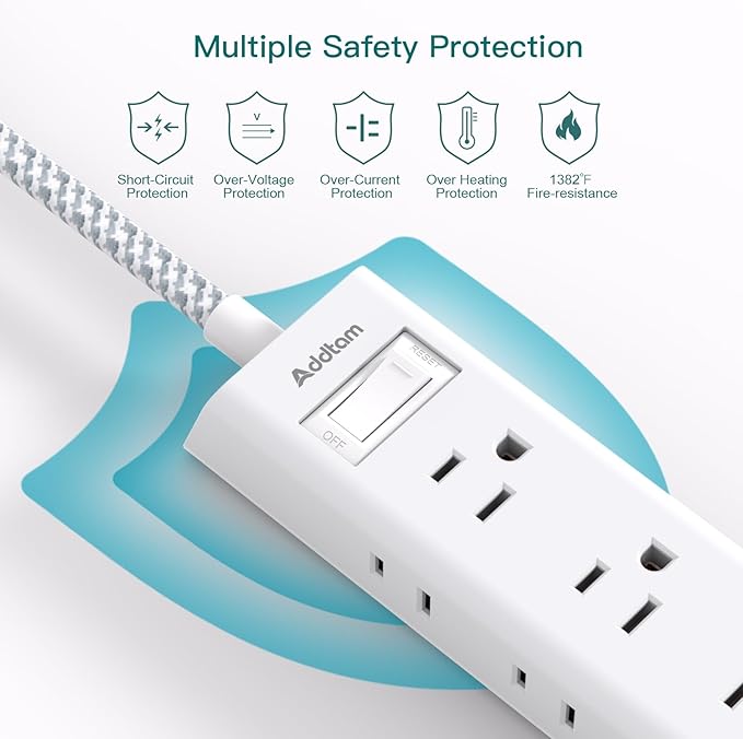 10FT Extension Cord - Power Strip Surge Protector, Flat Plug, Addtam 12 Widely Outlets 3 Sides Outlet Extender, 1080J, Wall Mount, Desk Charging Station Compact for Home Office Dorm Room Essentials