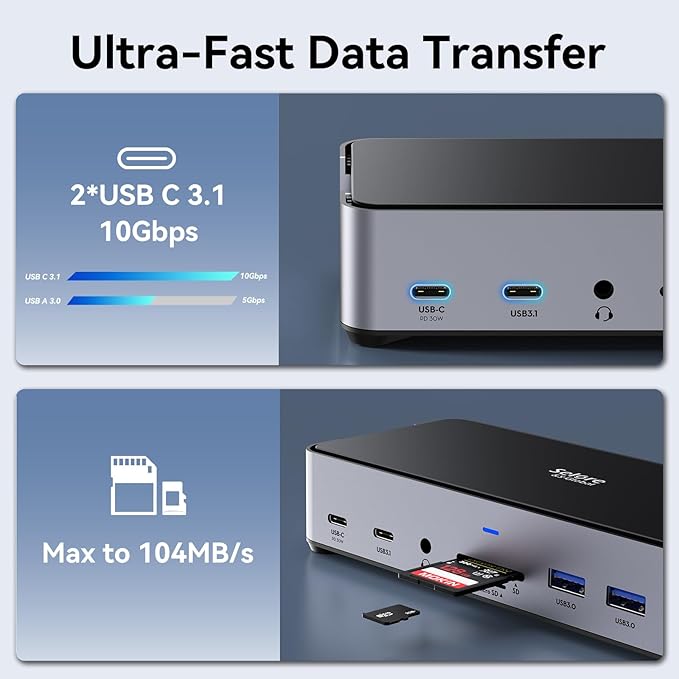 USB C Docking Station 3 Monitors Laptop Dock Dual Monitor with 2 HDMI DisplayPort 4K@144Hz,USB A 2.0/3.0,USB C 3.1 10Gbps&30W Output,Ethernet,microSD&SD,Audio&Mic,150W DC Power for Dell/Lenovo/HP